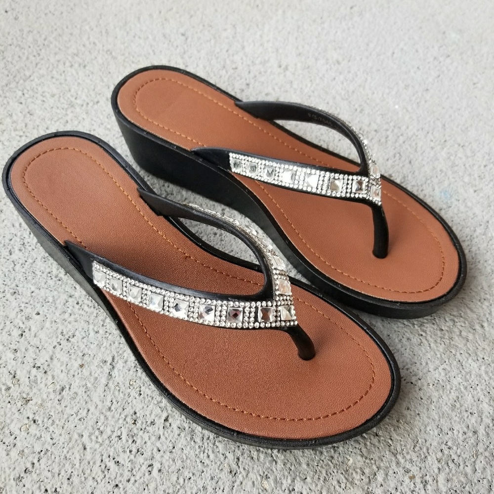 Rhinestone and black wedge flip flops